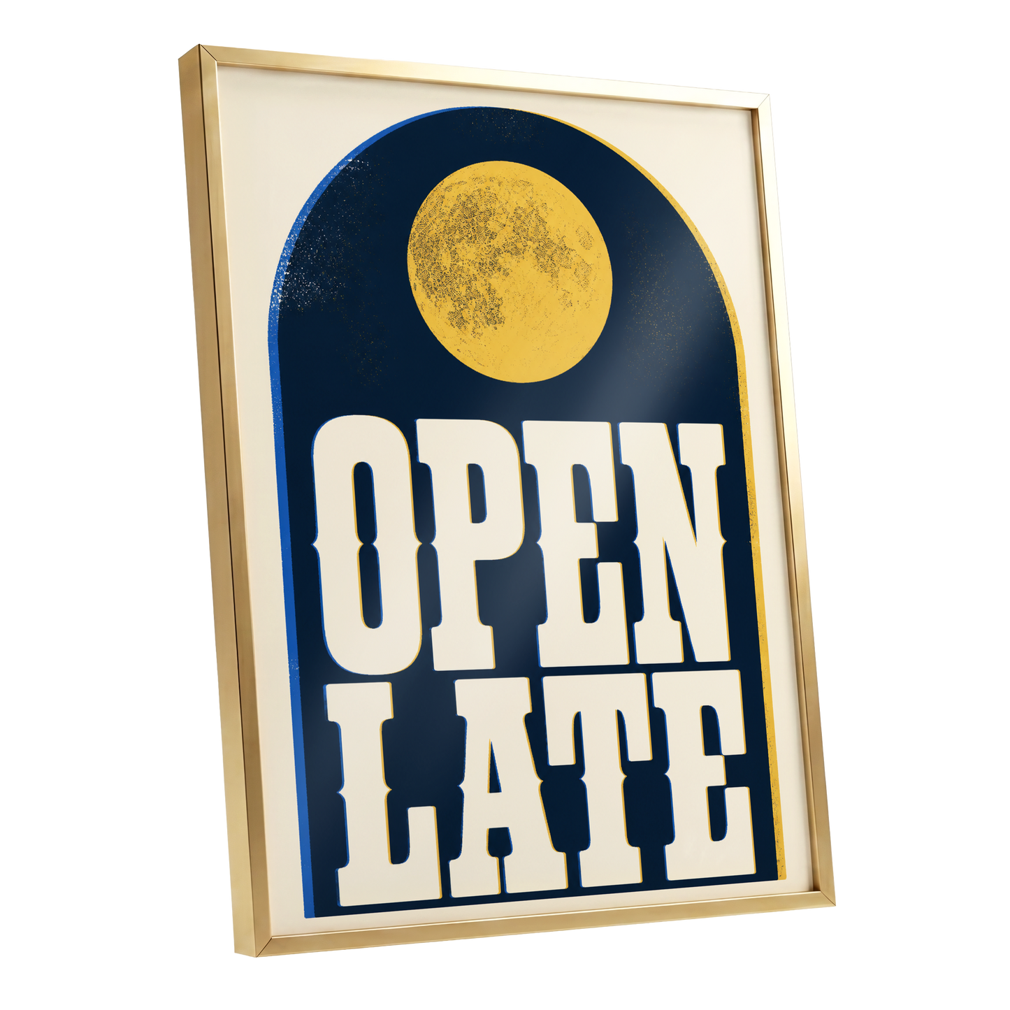 Open Late Afterglow, blue, beige, gold minimalist wall art shown as a gold framed poster wall art print