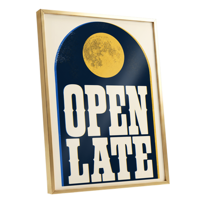 Open Late Afterglow, blue, beige, gold minimalist wall art shown as a gold framed poster wall art print