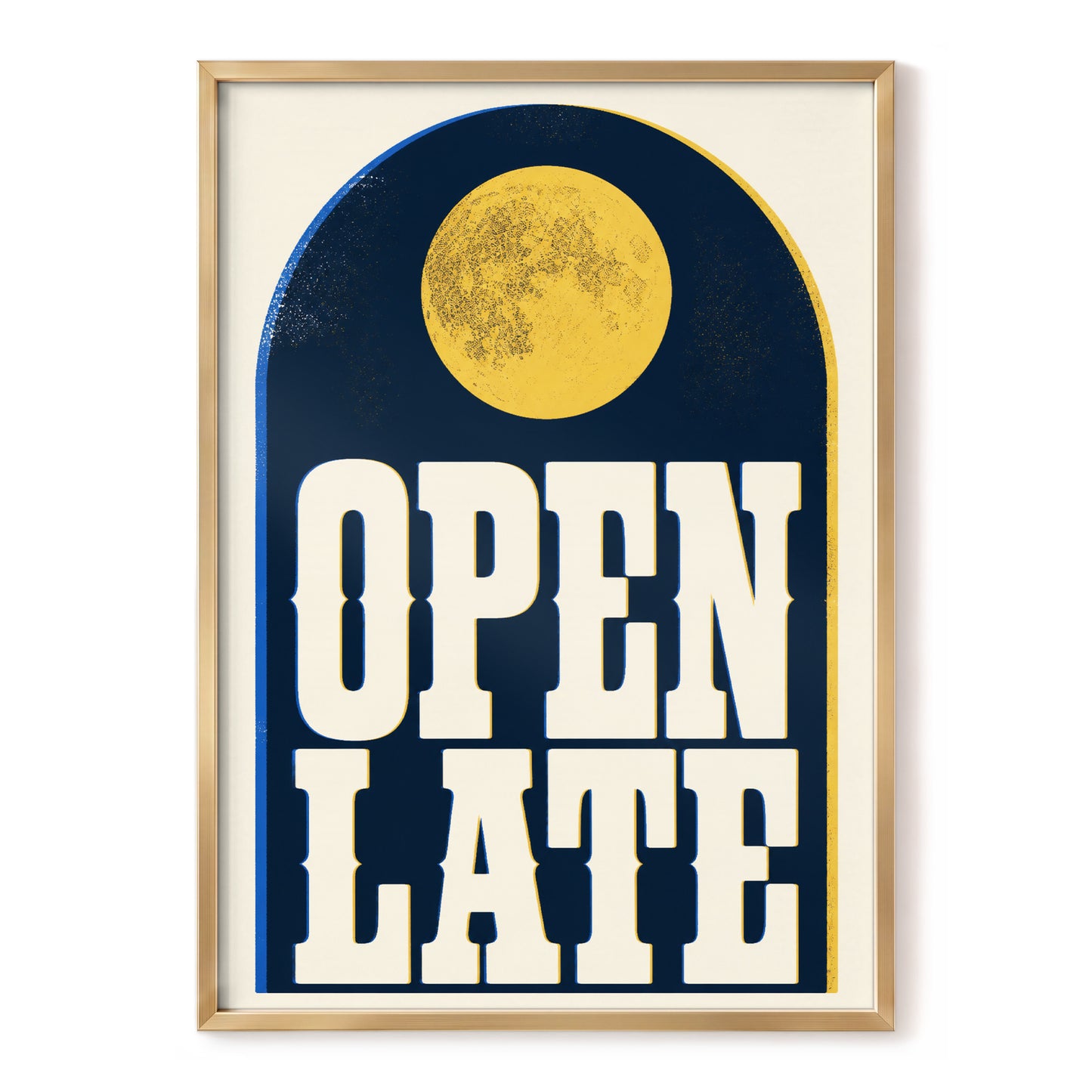 Open Late Afterglow, blue, beige, gold minimalist wall art, front artwork view