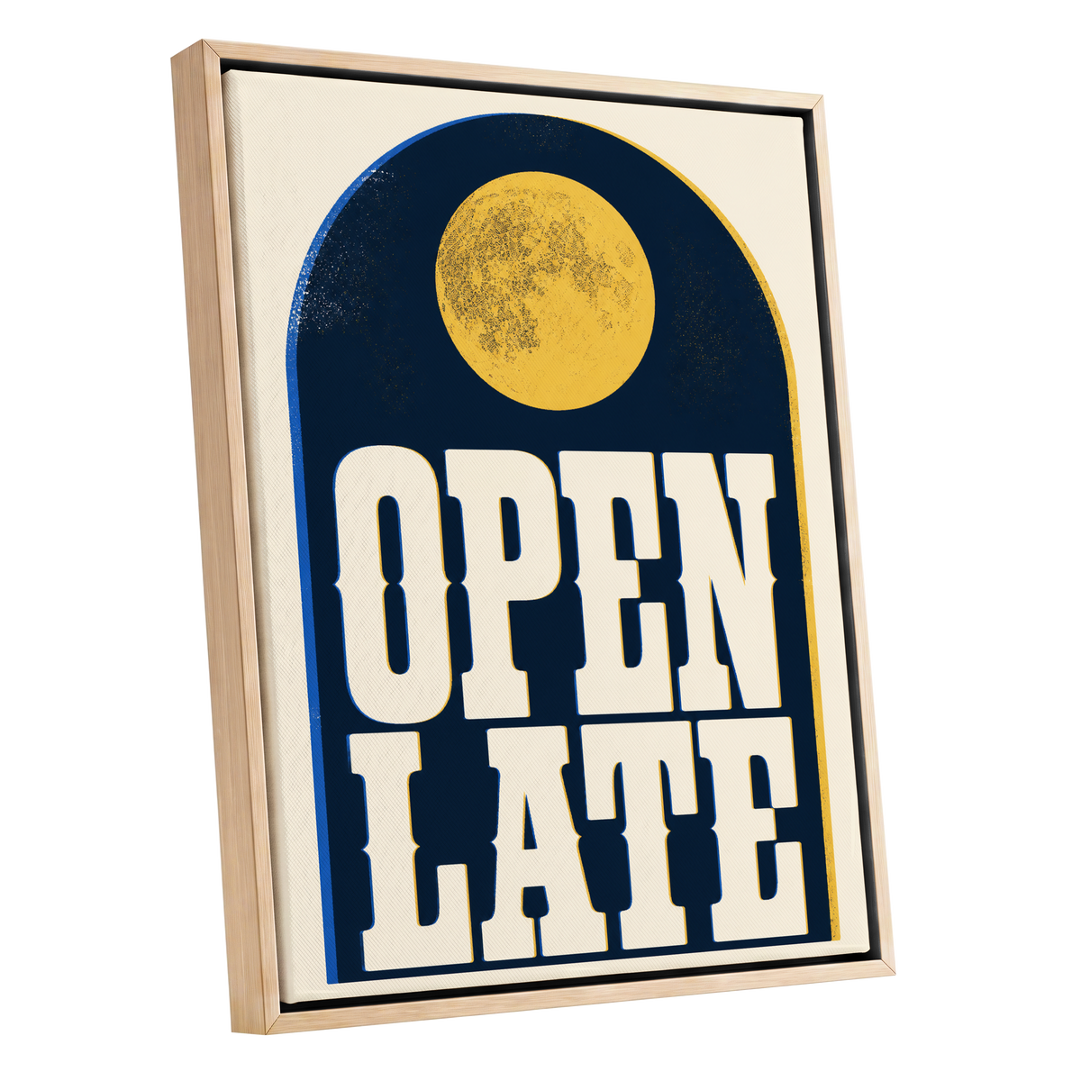 Open Late Afterglow, blue, beige, gold minimalist wall art shown as a oak framed canvas wall art