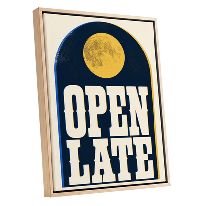 Open Late Afterglow, blue, beige, gold minimalist wall art shown as a oak framed canvas wall art