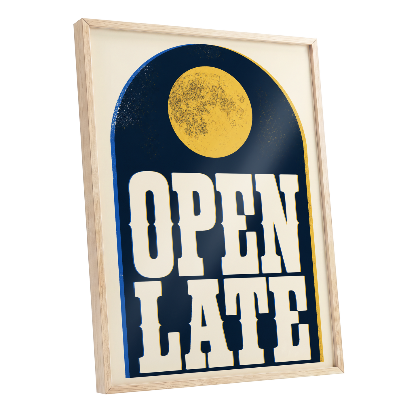 Open Late Afterglow, blue, beige, gold minimalist wall art shown as a oak framed poster wall art print
