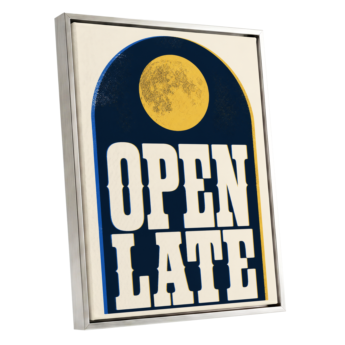 Open Late Afterglow, blue, beige, gold minimalist wall art shown as a silver framed canvas wall art