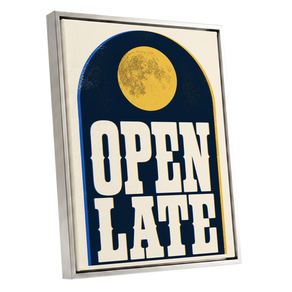 Open Late Afterglow, blue, beige, gold minimalist wall art shown as a silver framed canvas wall art