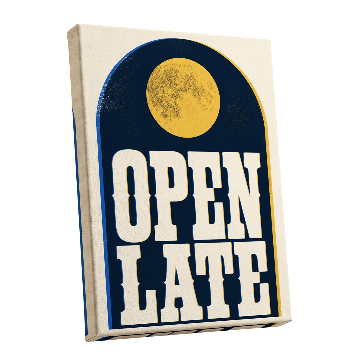 Open Late Afterglow, blue, beige, gold minimalist wall art shown as a stretched canvas wall art