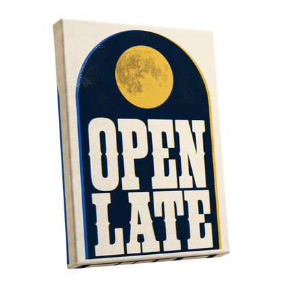 Open Late Afterglow, blue, beige, gold minimalist wall art shown as a stretched canvas wall art