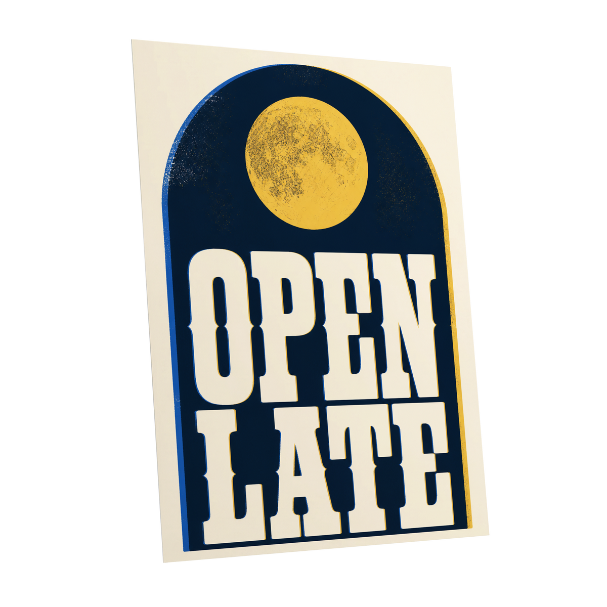 Open Late Afterglow, blue, beige, gold minimalist wall art shown as a unframed poster wall art print