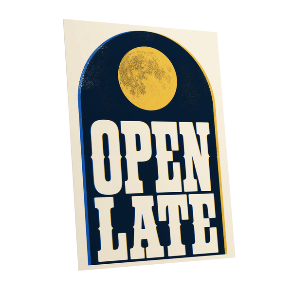 Open Late Afterglow, blue, beige, gold minimalist wall art shown as a unframed poster wall art print