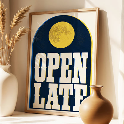 Open Late Afterglow, blue, beige, gold minimalist wall art displayed in a styled interior, gallery view 1