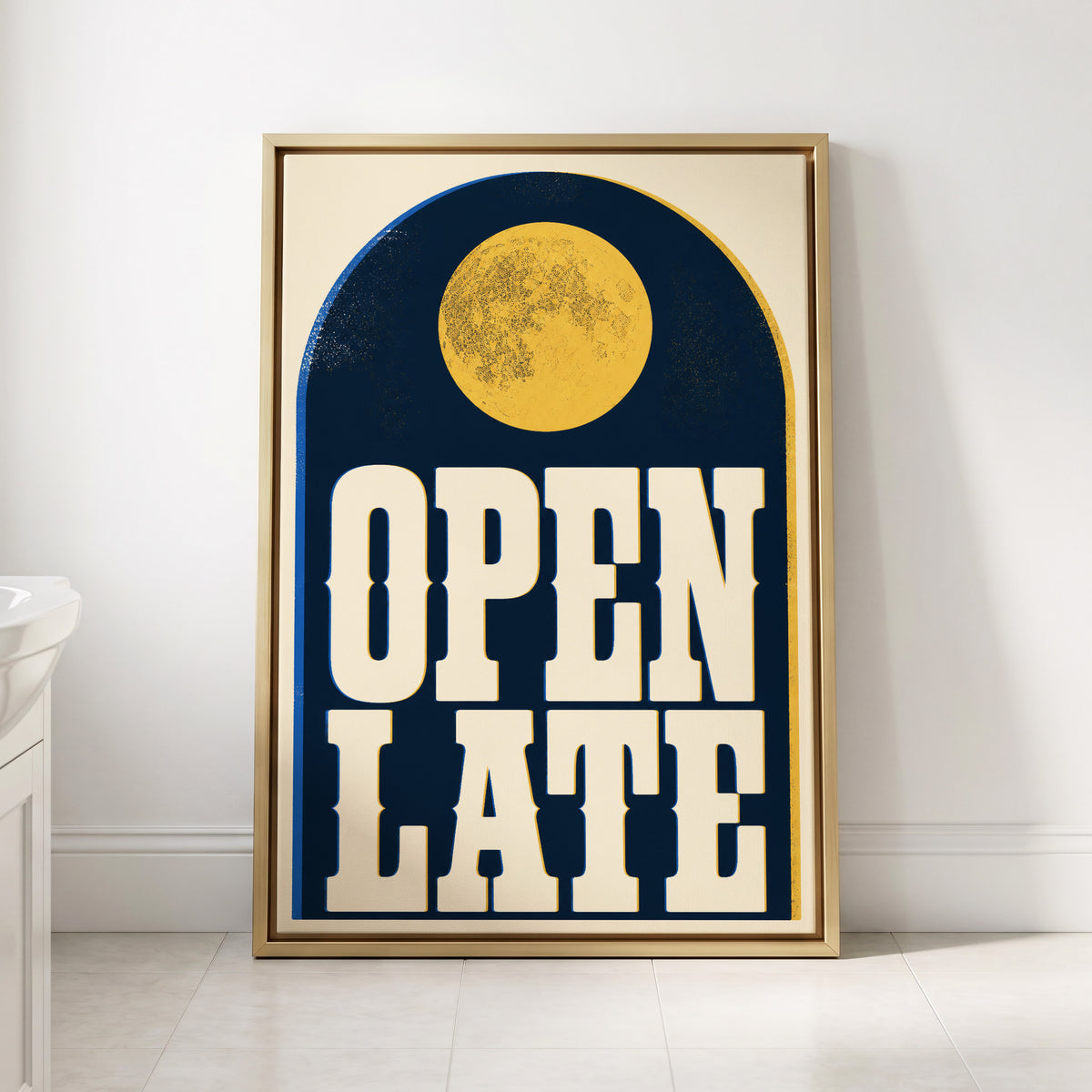 Open Late Afterglow, blue, beige, gold minimalist wall art displayed in a styled interior, gallery view 2