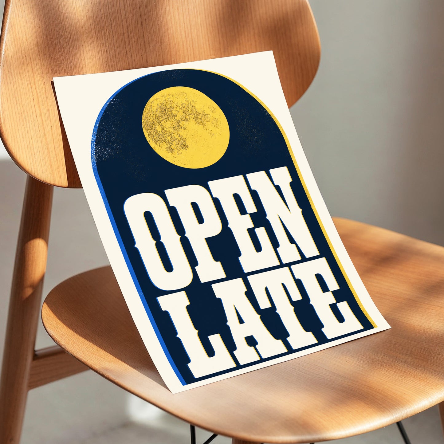 Open Late Afterglow, blue, beige, gold minimalist wall art displayed in a styled interior, gallery view 3
