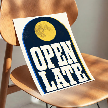 Open Late Afterglow, blue, beige, gold minimalist wall art displayed in a styled interior, gallery view 3