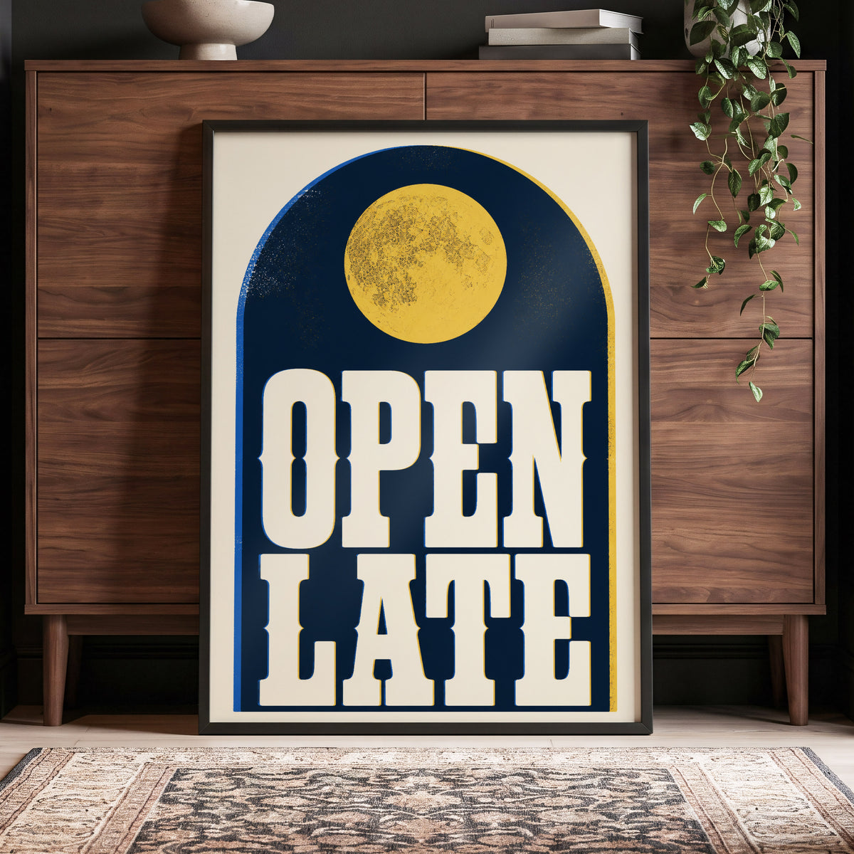 Open Late Afterglow, blue, beige, gold minimalist wall art displayed in a styled interior, gallery view 4