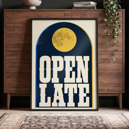 Open Late Afterglow, blue, beige, gold minimalist wall art displayed in a styled interior, gallery view 4