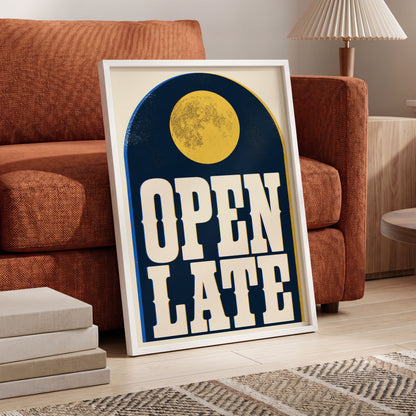 Open Late Afterglow, blue, beige, gold minimalist wall art displayed in a styled interior, gallery view 5