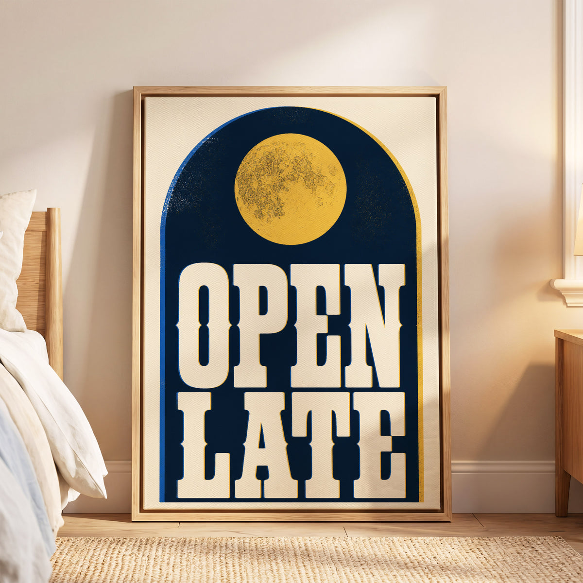 Open Late Afterglow, blue, beige, gold minimalist wall art displayed in a styled interior, gallery view 6