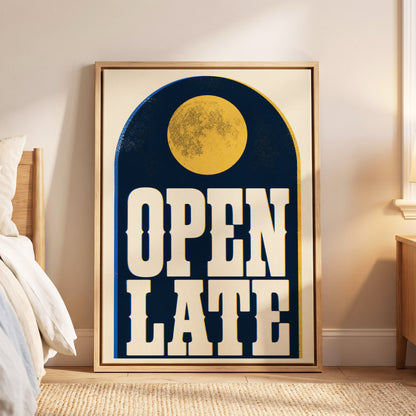 Open Late Afterglow, blue, beige, gold minimalist wall art displayed in a styled interior, gallery view 6