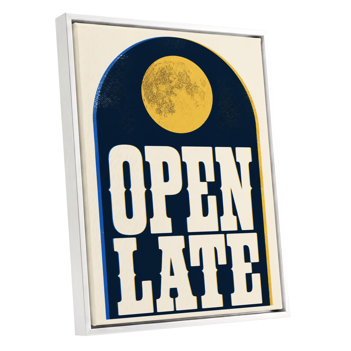Open Late Afterglow, blue, beige, gold minimalist wall art shown as a white framed canvas wall art
