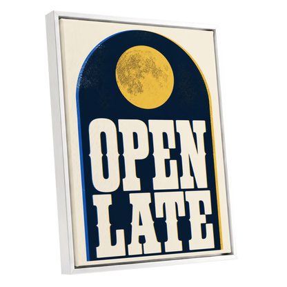 Open Late Afterglow, blue, beige, gold minimalist wall art shown as a white framed canvas wall art