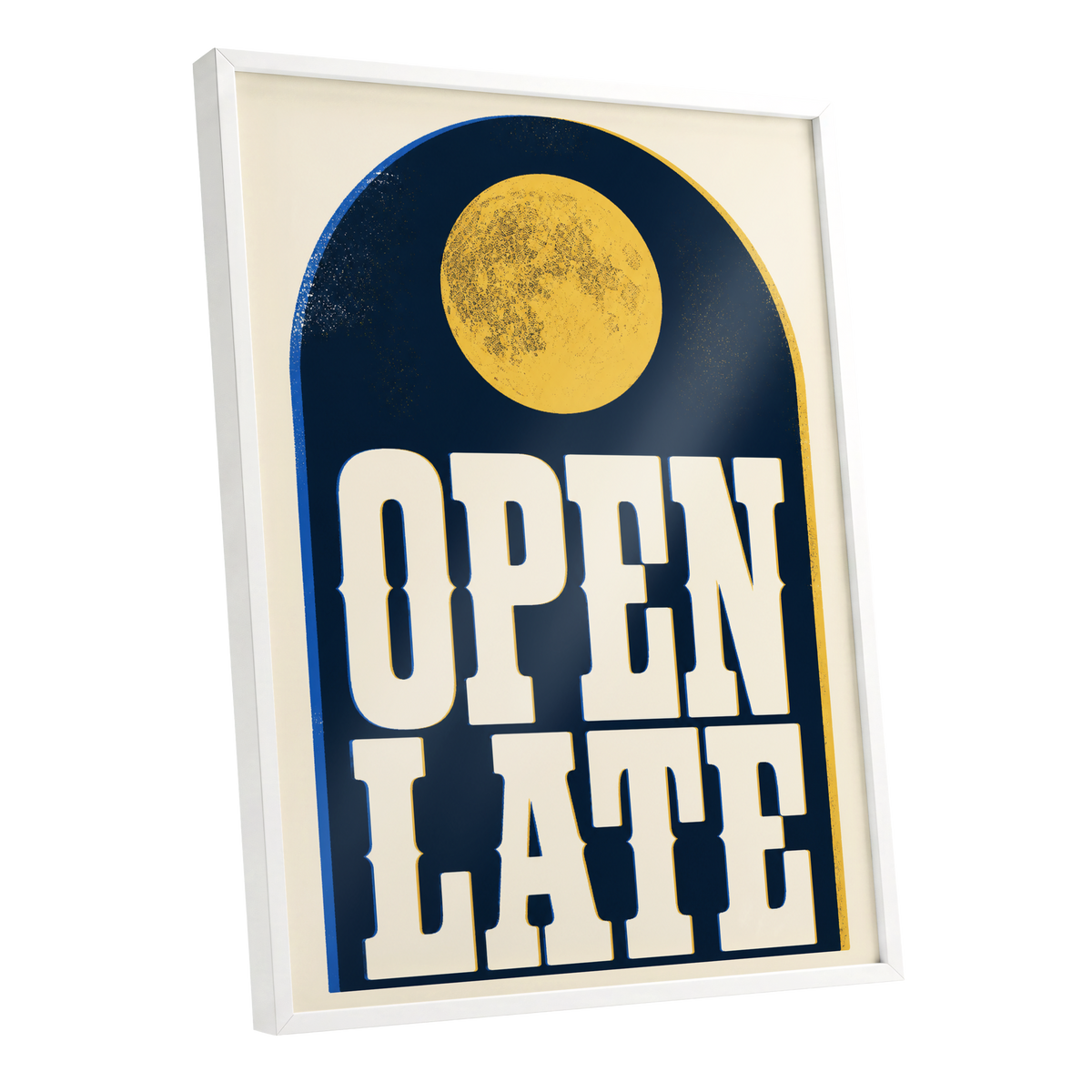 Open Late Afterglow, blue, beige, gold minimalist wall art shown as a white framed poster wall art print