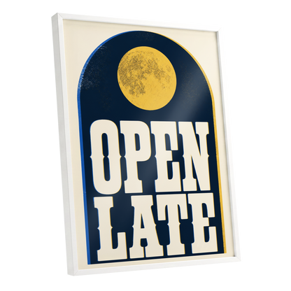 Open Late Afterglow, blue, beige, gold minimalist wall art shown as a white framed poster wall art print