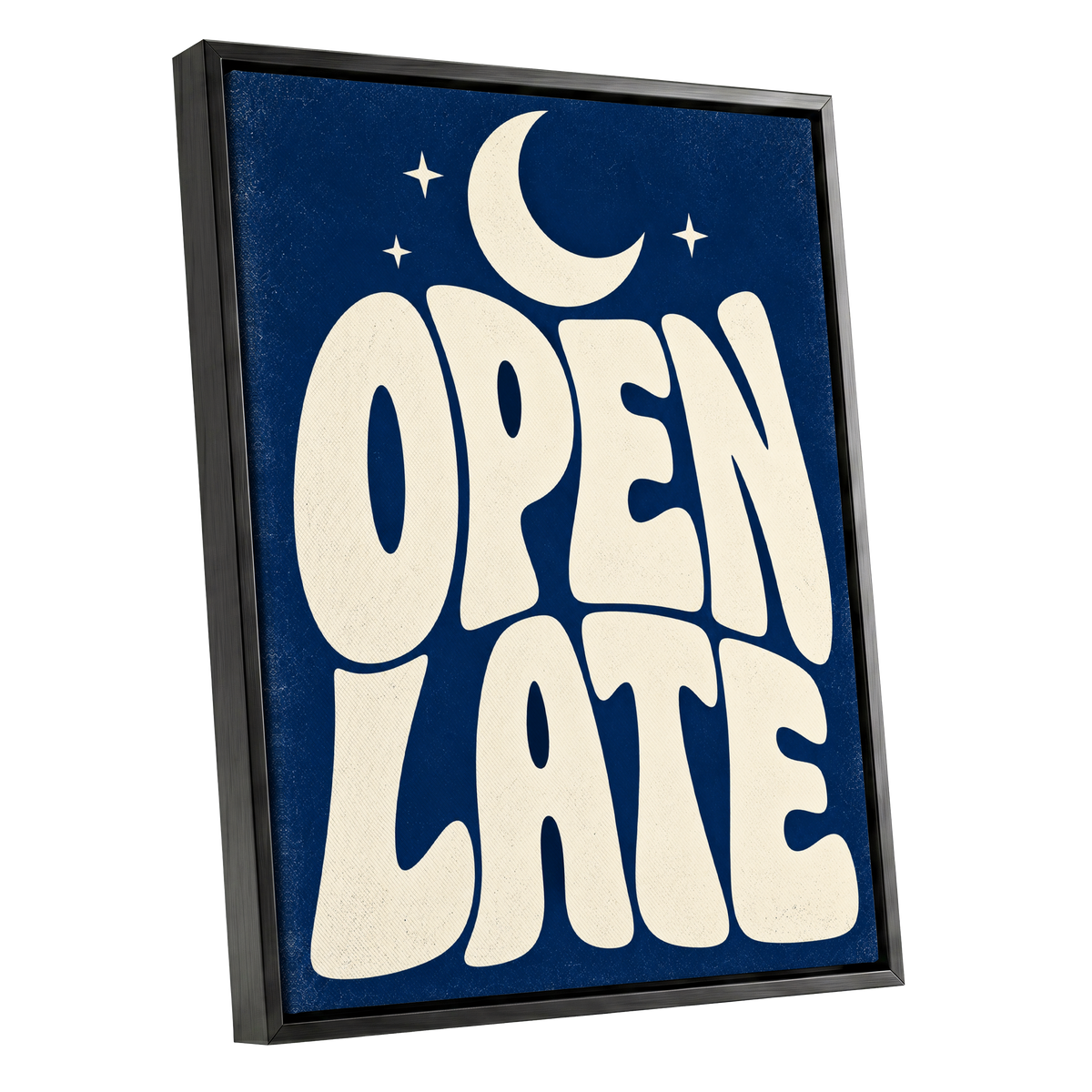 Open Late Moonlight, blue, beige minimalist wall art shown as a black framed canvas wall art
