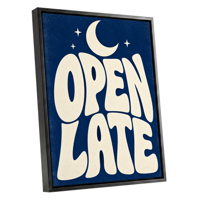 Open Late Moonlight, blue, beige minimalist wall art shown as a black framed canvas wall art