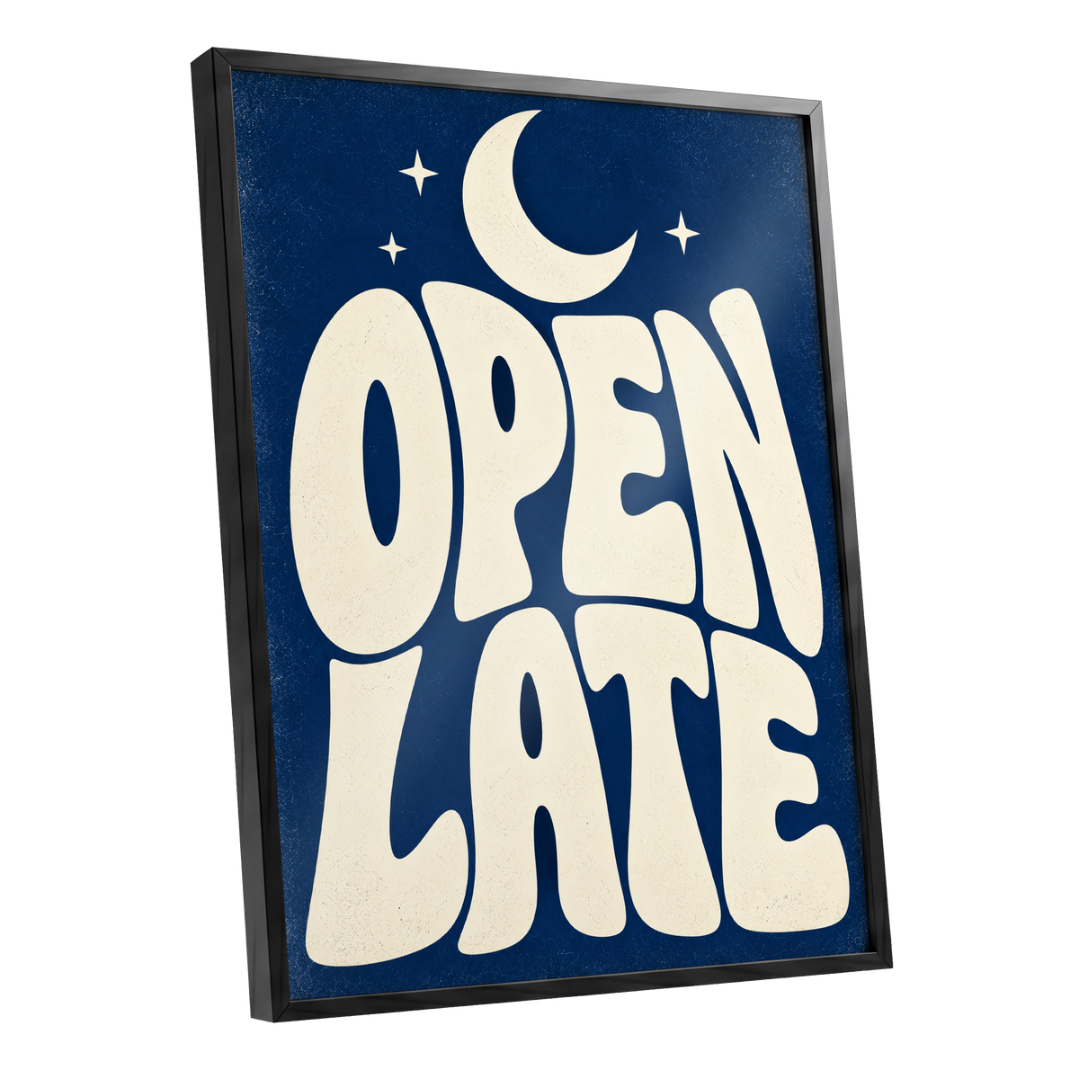 Open Late Moonlight, blue, beige minimalist wall art shown as a black framed poster wall art print