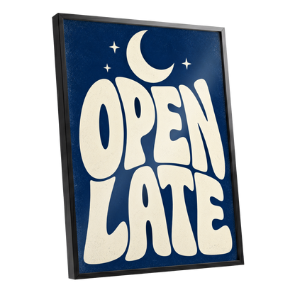 Open Late Moonlight, blue, beige minimalist wall art shown as a black framed poster wall art print