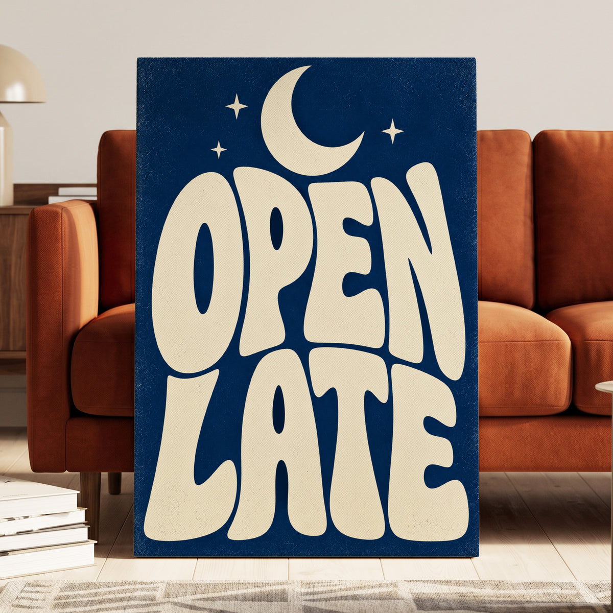 Open Late Moonlight, blue, beige minimalist wall art on canvas displayed in a styled interior, gallery view 1