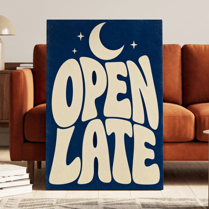 Open Late Moonlight, blue, beige minimalist wall art on canvas displayed in a styled interior, gallery view 1