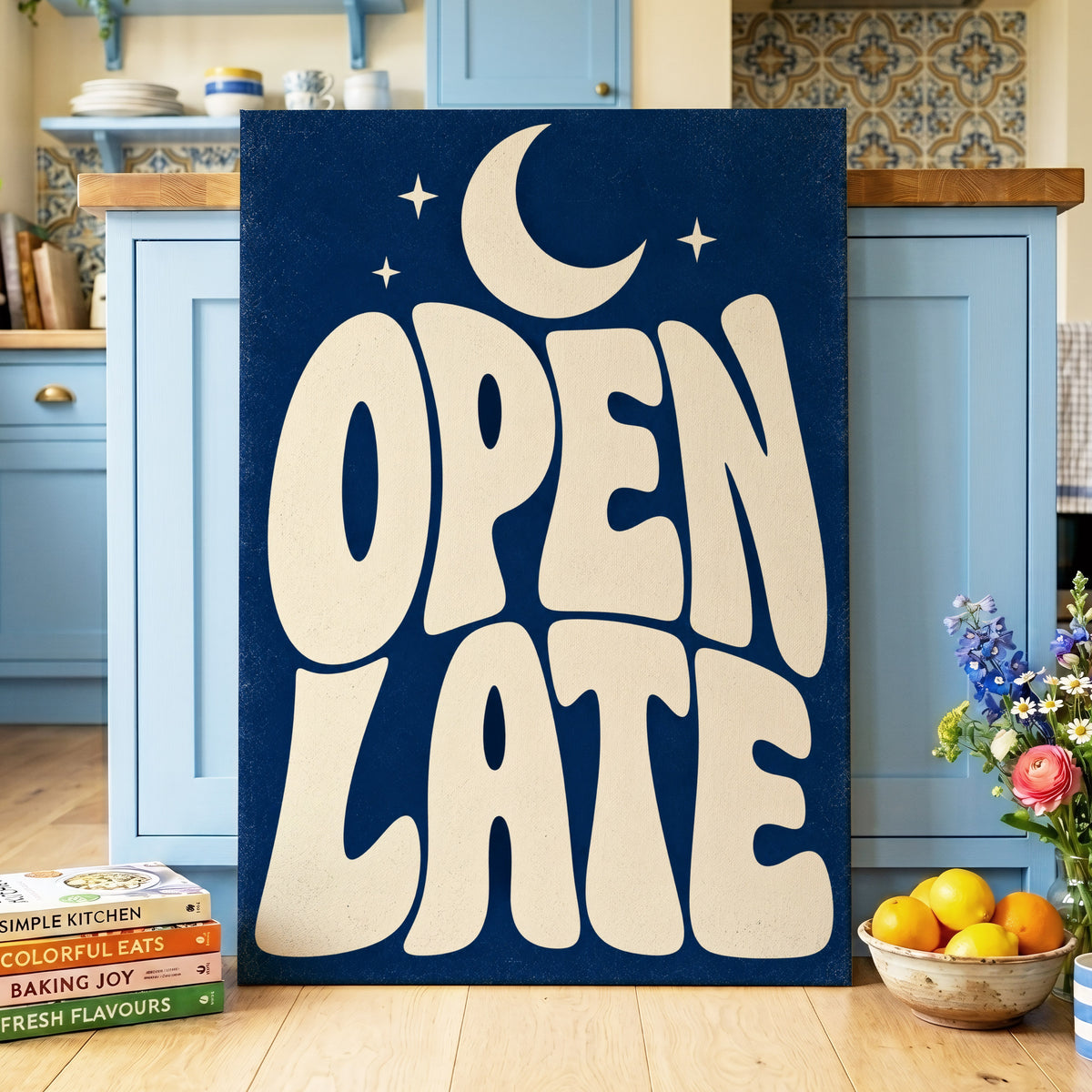 Open Late Moonlight, blue, beige minimalist wall art on canvas displayed in a styled interior, gallery view 2