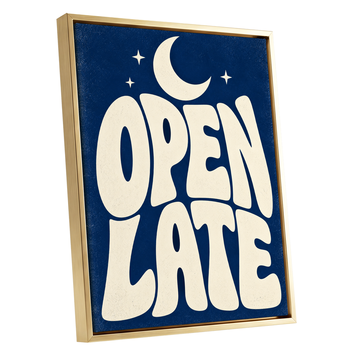 Open Late Moonlight, blue, beige minimalist wall art shown as a gold framed canvas wall art