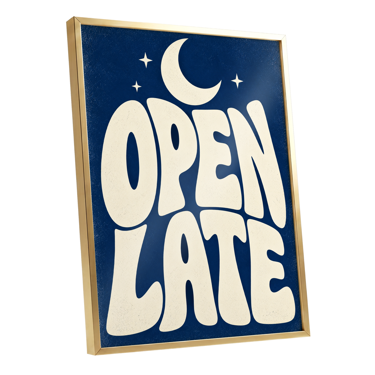 Open Late Moonlight, blue, beige minimalist wall art shown as a gold framed poster wall art print