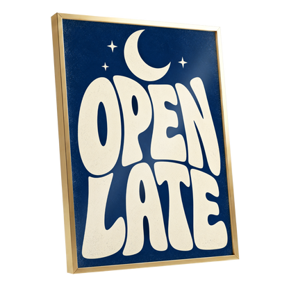 Open Late Moonlight, blue, beige minimalist wall art shown as a gold framed poster wall art print