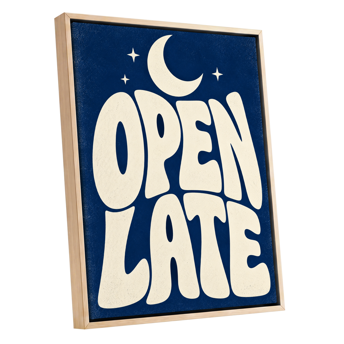 Open Late Moonlight, blue, beige minimalist wall art shown as a oak framed canvas wall art