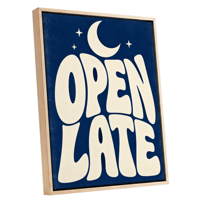 Open Late Moonlight, blue, beige minimalist wall art shown as a oak framed canvas wall art