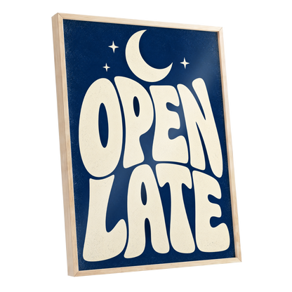 Open Late Moonlight, blue, beige minimalist wall art shown as a oak framed poster wall art print