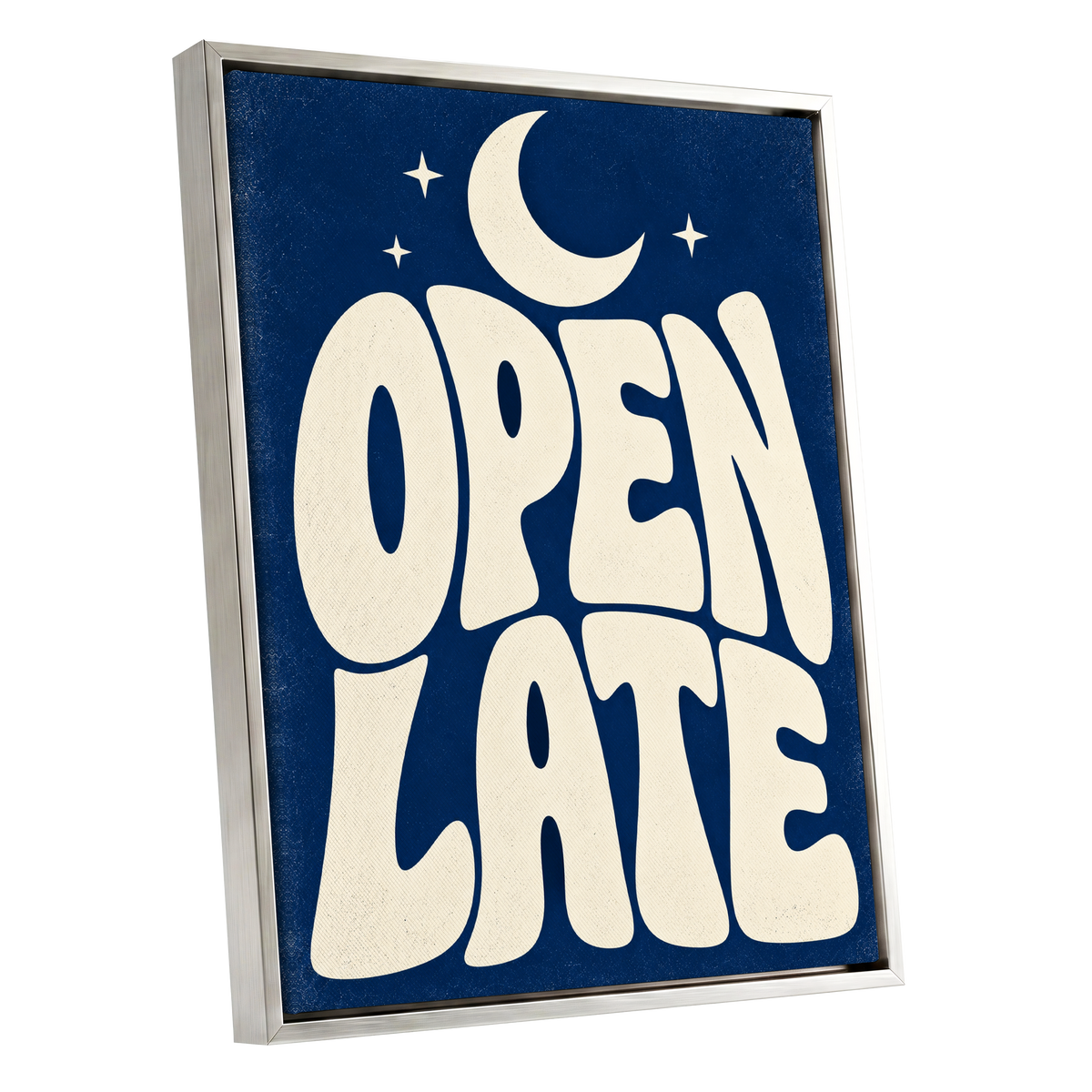 Open Late Moonlight, blue, beige minimalist wall art shown as a silver framed canvas wall art