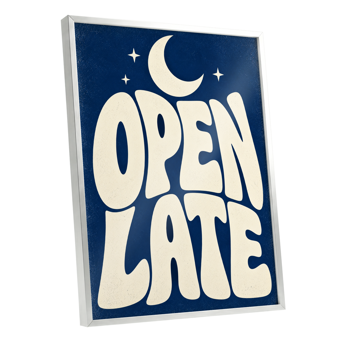 Open Late Moonlight, blue, beige minimalist wall art shown as a silver framed poster wall art print