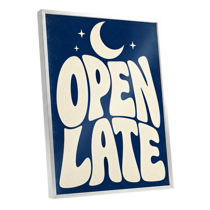 Open Late Moonlight, blue, beige minimalist wall art shown as a silver framed poster wall art print