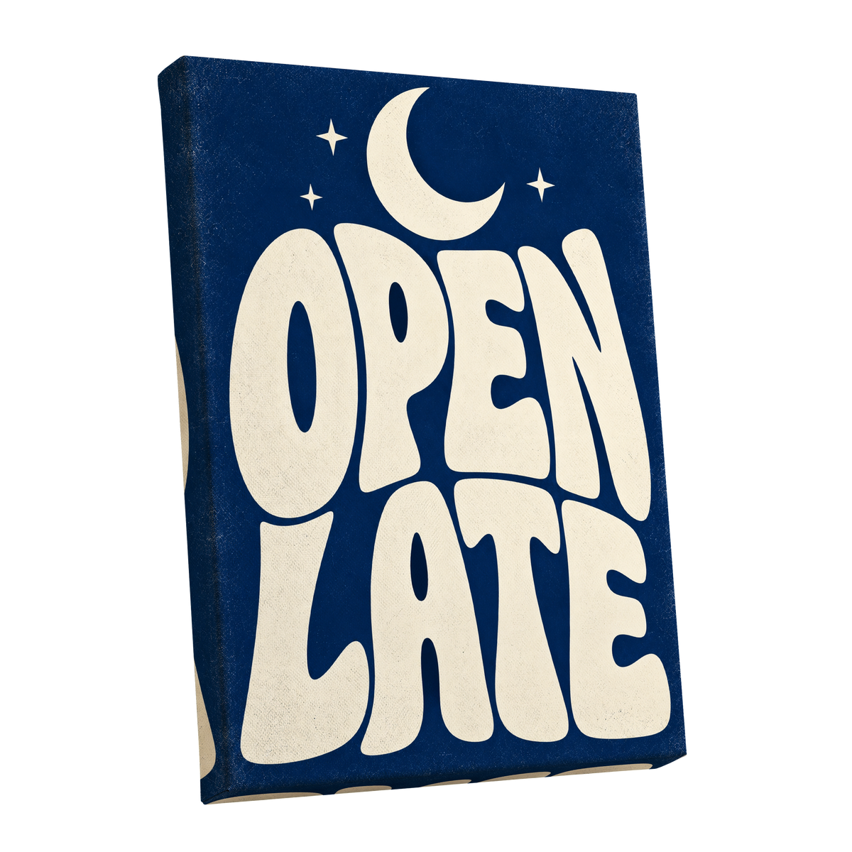 Open Late Moonlight, blue, beige minimalist wall art shown as a stretched canvas wall art