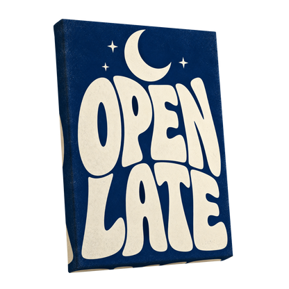 Open Late Moonlight, blue, beige minimalist wall art shown as a stretched canvas wall art