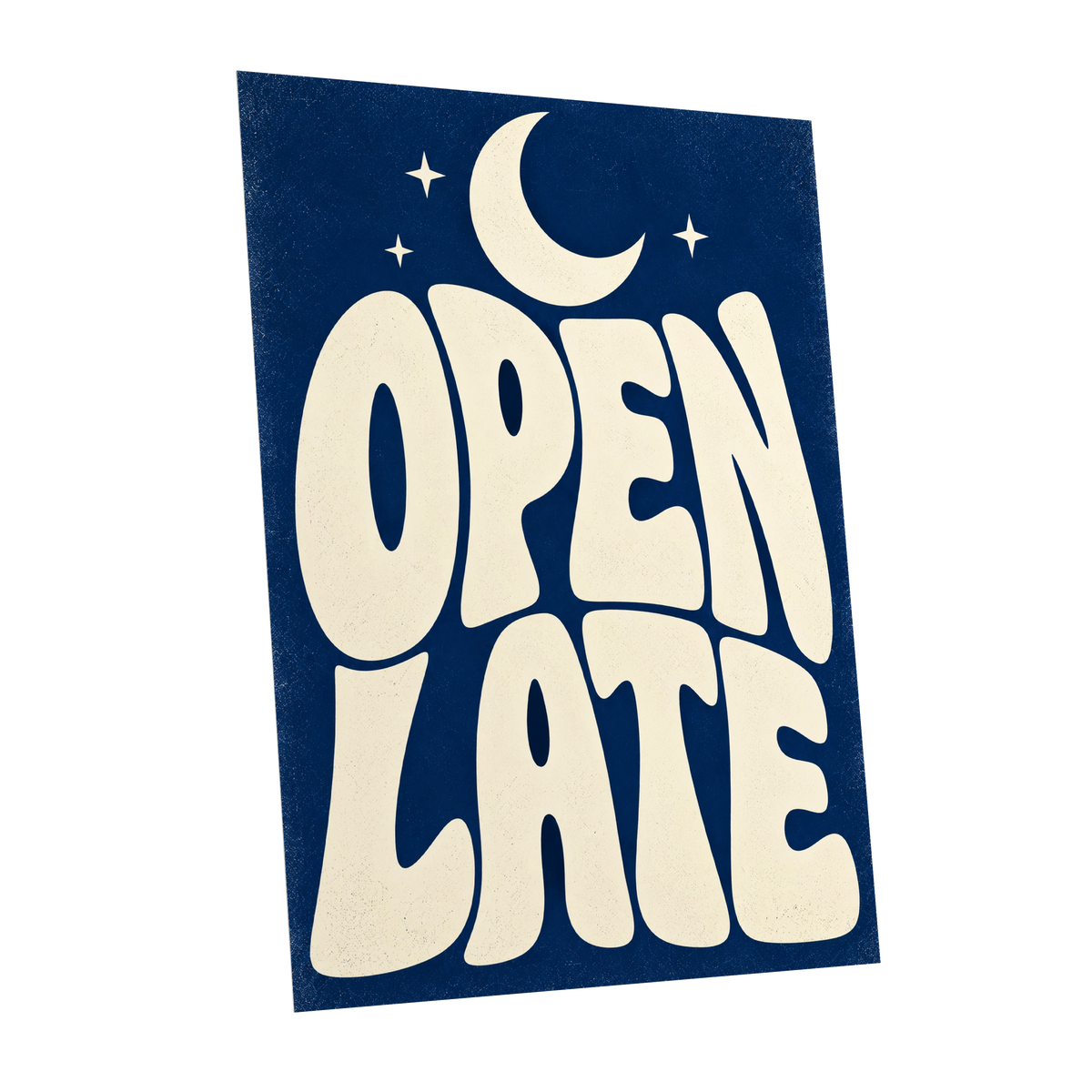 Open Late Moonlight, blue, beige minimalist wall art shown as a unframed poster wall art print