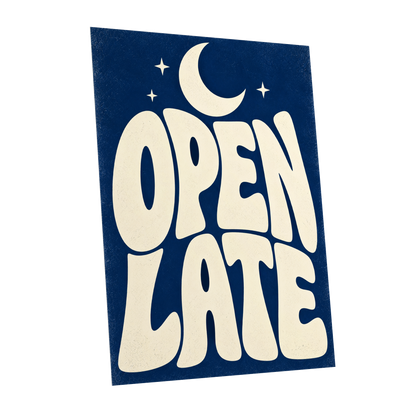 Open Late Moonlight, blue, beige minimalist wall art shown as a unframed poster wall art print