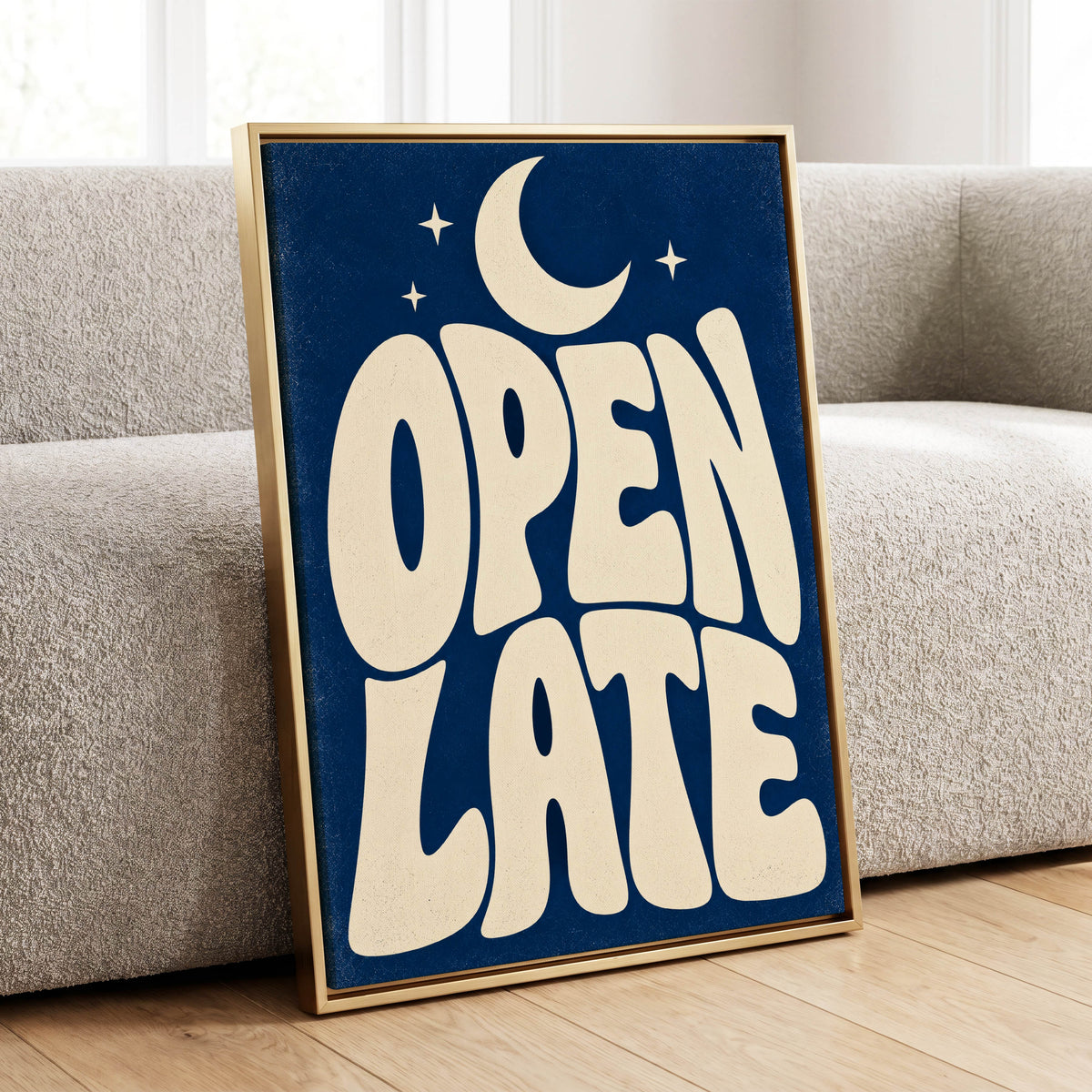 Open Late Moonlight, blue, beige minimalist wall art displayed in a styled interior, gallery view 1