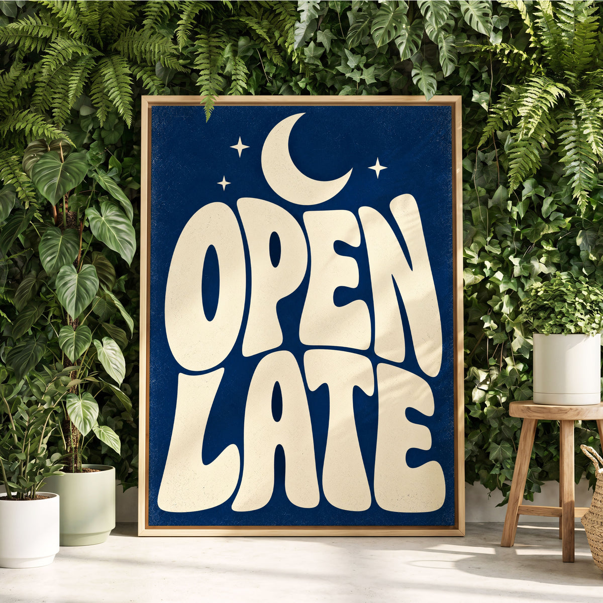 Open Late Moonlight, blue, beige minimalist wall art displayed in a styled interior, gallery view 2