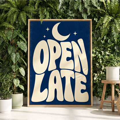 Open Late Moonlight, blue, beige minimalist wall art displayed in a styled interior, gallery view 2