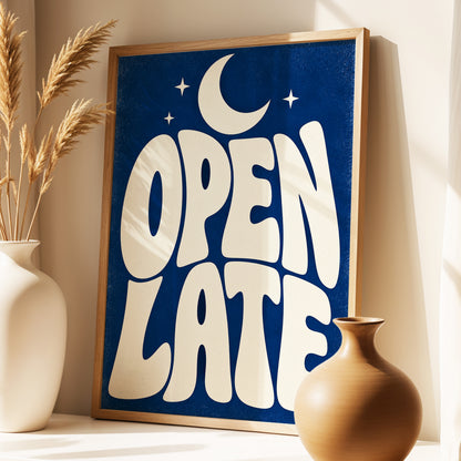 Open Late Moonlight, blue, beige minimalist wall art displayed in a styled interior, gallery view 3