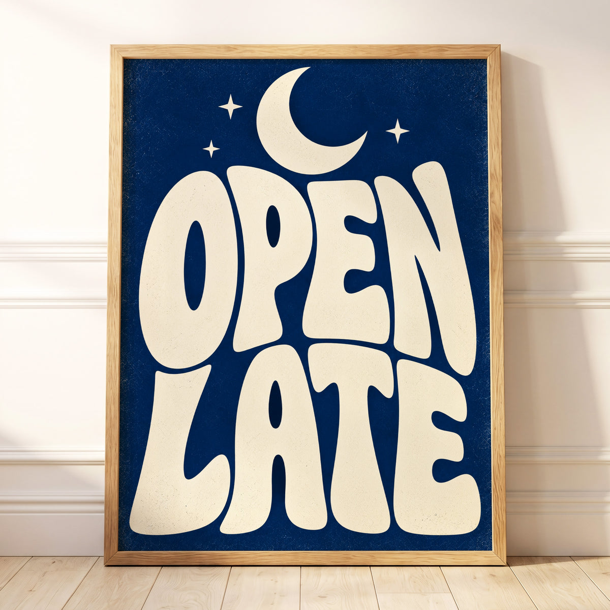 Open Late Moonlight, blue, beige minimalist wall art displayed in a styled interior, gallery view 5